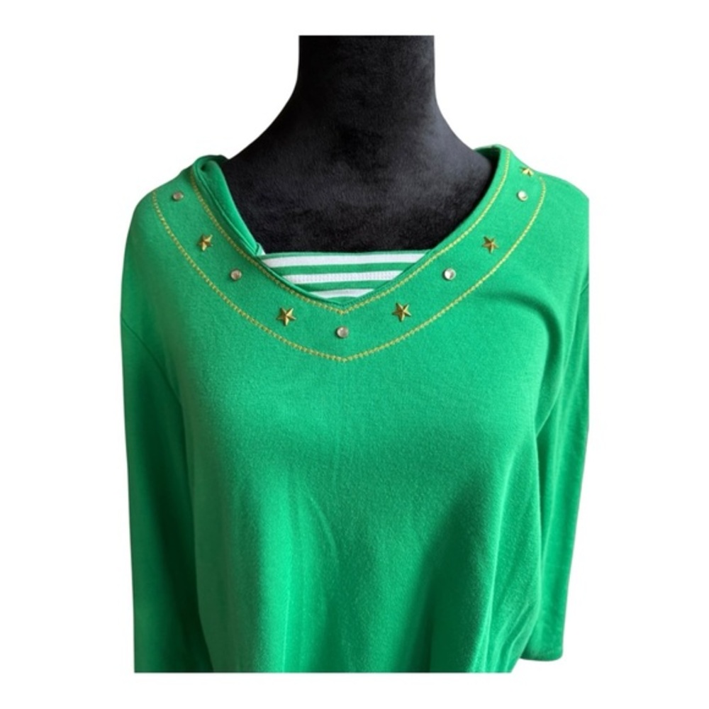 QVC Quacker Factory 3/4 sleeve Women's Green top with‎ Stars and Stripes Sz  XL